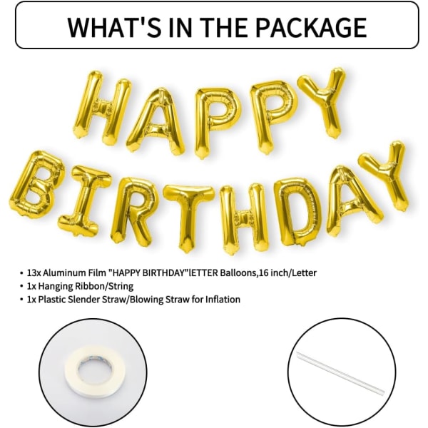 Hyvää syntymäpäivää ilmapallojen banneri, 16 tuuman Mylar-folio ilmapallokirjaimet syntymäpäiväkylttibanneri, uudelleenkäytettävä kultainen syntymäpäiväilmapallopakkaus syntymäpäiväkoristeet