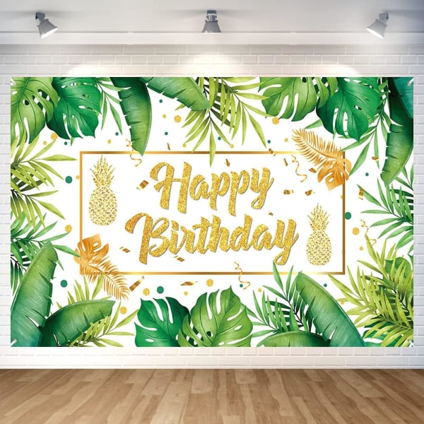 5*3 ft, gröna tropiska löv Grattis på födelsedagen Bakgrund Foto bakgrundsbanneraffisch för gröna löv festdekorationer