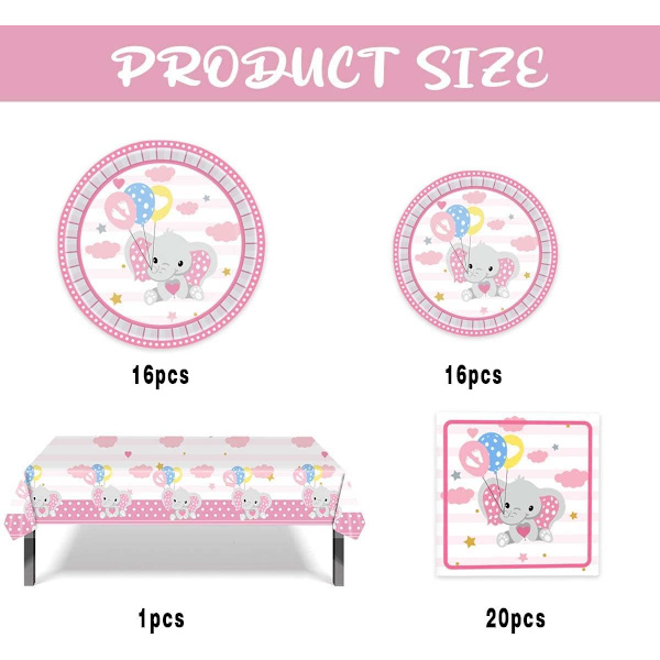 Söta rosa elefanttillbehör Elefanttema Baby Shower Bordsartiklar Set inklusive papperstallrikar, servetter och duk (rosa)