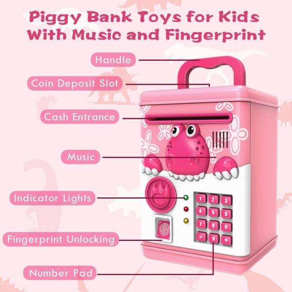 Säästöpossu pojille, tytöille, elektroninen minipankkiautomaatti digitaalisella salasanalla, käteisrahat, lasten kassakaappi, joululahjat lapsille (vaaleanpunainen)