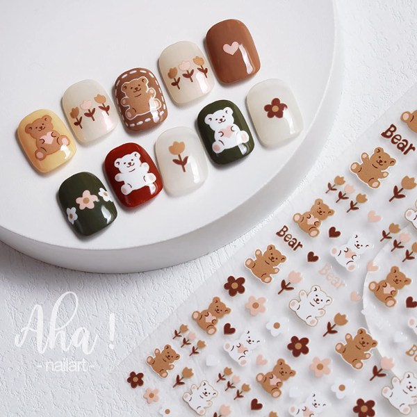Söta djur nagelkonst klistermärke Liten björn 3D självhäftande modetrend Glamour nageldesign DIY nagelkonst dekorationer 3 stycken, brun björn