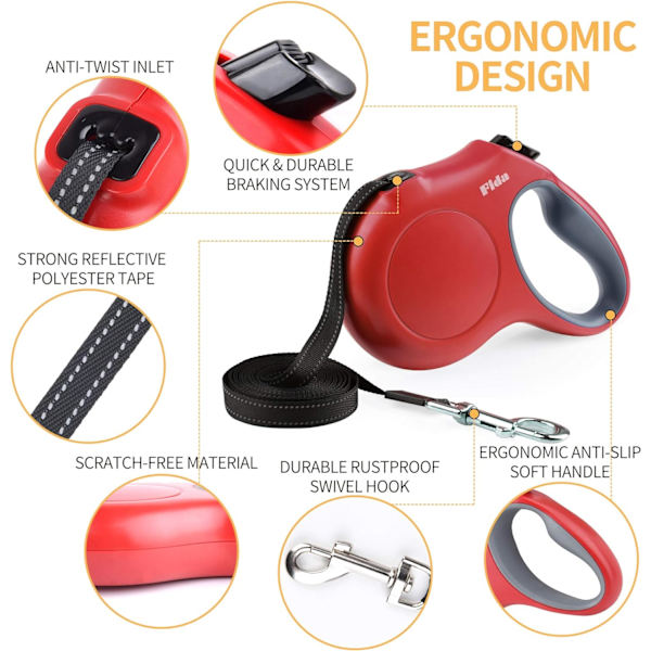 Retractable-koiranhihna, 16 jalkaa kestävä lemmikkieläinten kävelyhihna annostelijalla ja kakkapusseilla, liukumaton kahva, heijastava vahva nylonnauha (L, punainen)