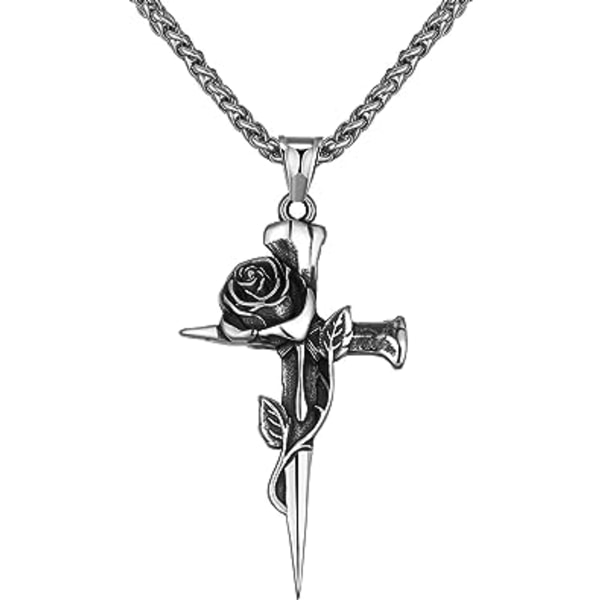 Hänge med rosenblomma religiösa halsband för män kvinnor, rostfritt stål gotiska punk smycken, personliga rappar cykel halsband med 24 tums kedja