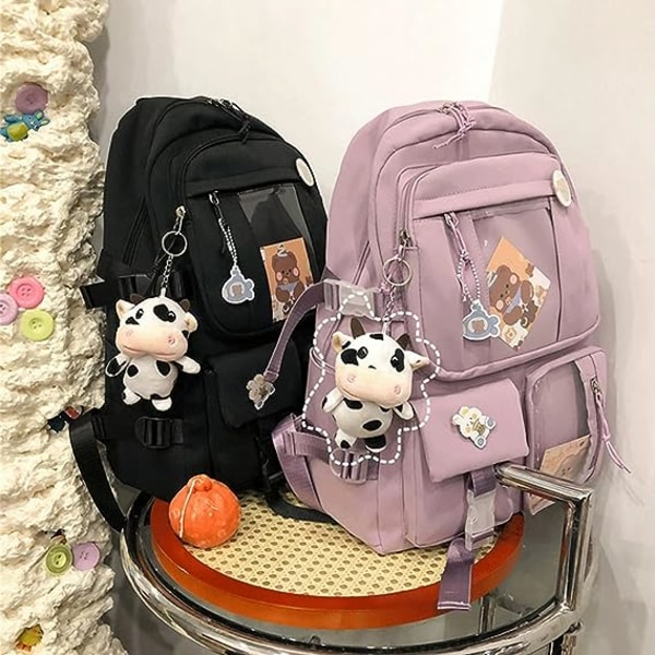 Kawaii Backpack with Cute Pin Accessories Plush Pendant Kawaii School Backpack Cute Aesthetic Backpack-Black