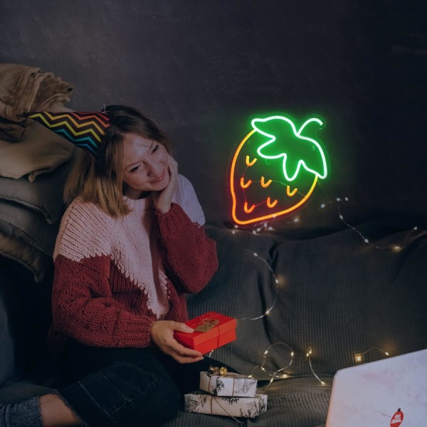 Jordbær Neon Skilt Rød Grønn Jordbær Led Skilt Fruktform Neon Lys for Soverom Veggdekor, Bar, Fruktbutikk, Restaurant (15*13 tommer)