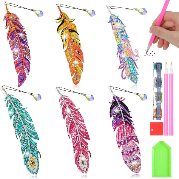 6 Pcs Diamond Painting Bookmarks DIY Feather Bookmark Crystal Pendant Bookmark,5D Diamond Painting Beginner Arts Crafts Gifts