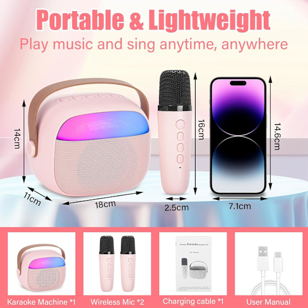Karaokelaite lapsille, jossa 2 langatonta mikrofonia, kannettava KTV-järjestelmä Bluetoothilla, kaiutin äänenmuokkaustehosteilla ja LED-valoilla Pink