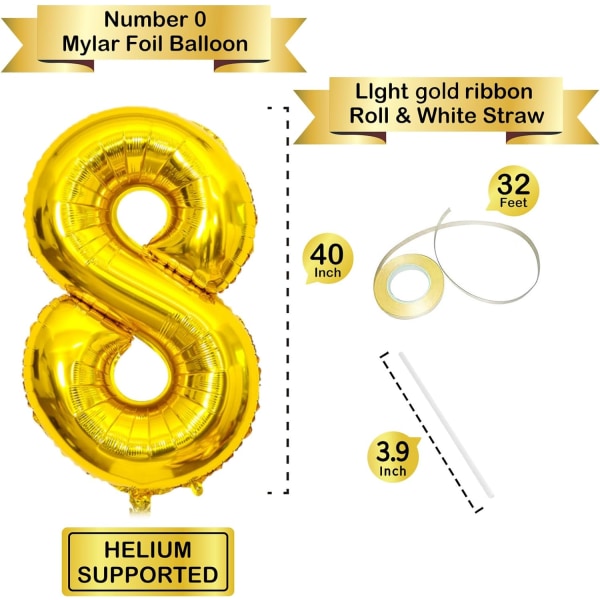 40 tommers gull helium mylar folie nummer ballonger, nummer 8 ballong for bursdagsdekorasjoner for barn, jubileumsfestdekorasjoner