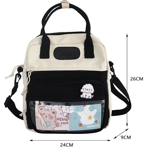 Kawaii Rygsæk Sød Messenger Taske Crossbody Lærred Tote Taske til Kvinder Kawaii Ita Taske med Kawaii Tilbehør-sort