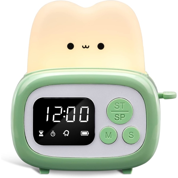 Small Timer Clock Toaster Lamp, Cute Night Light with Time Management Tool and Table Clock Alarm Digital Timer for Kids, Kids Lamp Gifts-Green