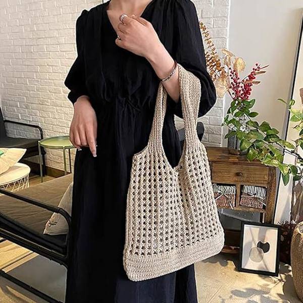 Häcklad Tote Bag Estetisk Nät Strandväskor för Kvinnor