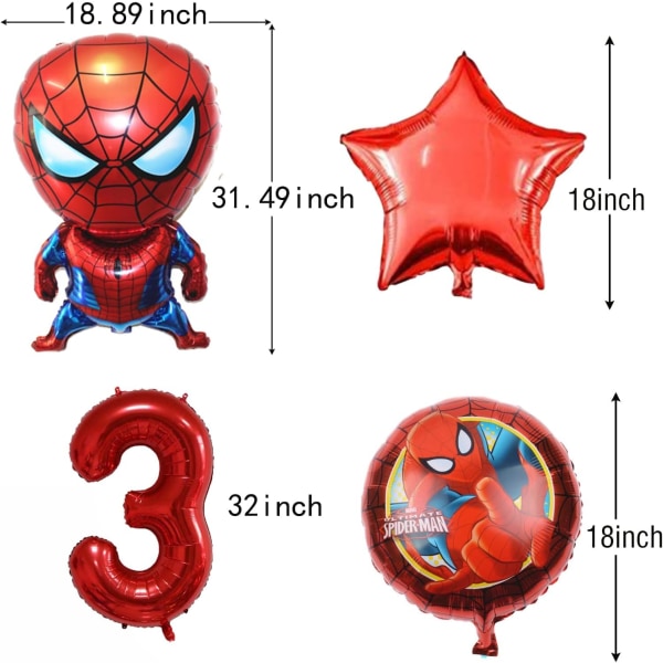 6 kpl Supersankari Spiderman-teemalla 3. syntymäpäiväkoristeita, punainen numero 3 ilmapallo 32 tuumaa | The Spiderman Birthday Balloons (Spiderman 3. syntymäpäivä)