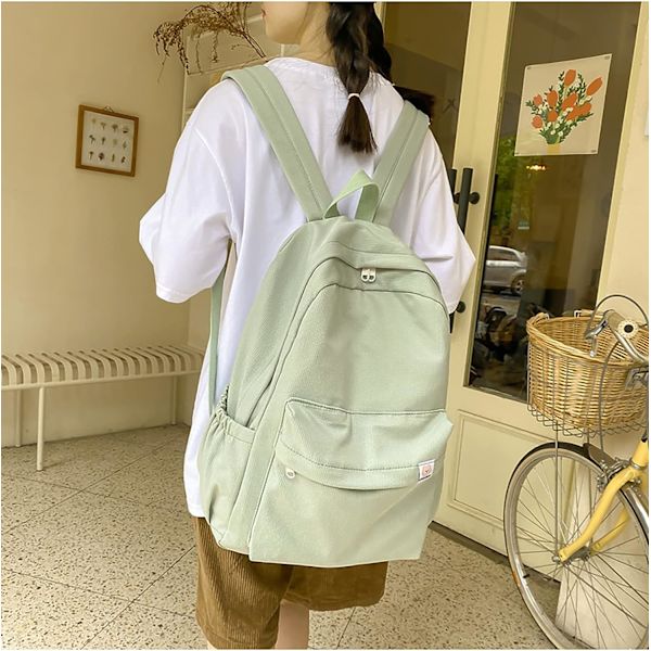 Kawaii estetisk ryggsäck skolryggsäck nylon vattentät enfärgad ryggsäck tonåring college grön