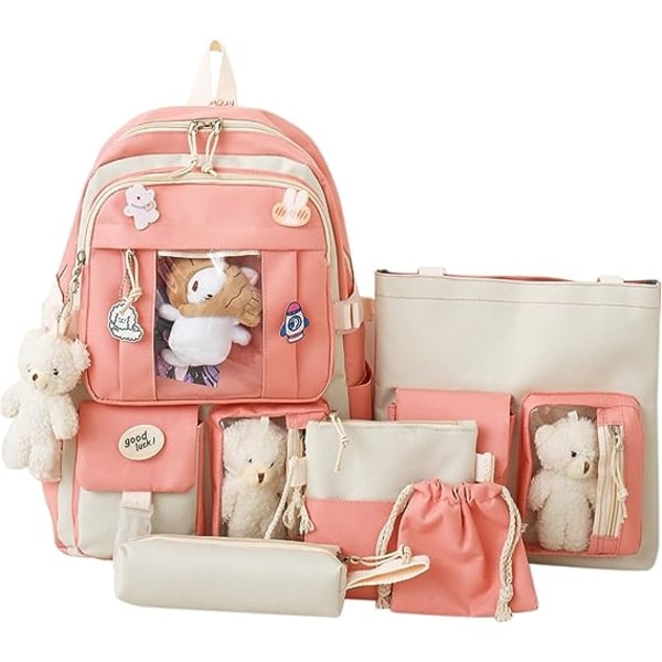 Kawaii Ryggsäcksset 5 Set Estetiska skolväskor söt set med hängande lunchväska, case, handväska, myntväska-rosa