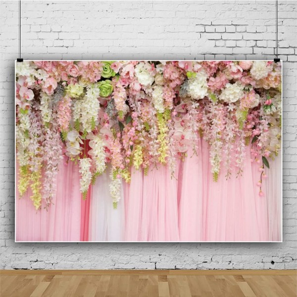 8x6ft Bröllopsdusch Bröllopsbakgrund Rosa Chiffon Blomvägg Fotografi Bakgrund Vinyl Bröllopsdag Baby Shower Födelsedagsfest Dekor