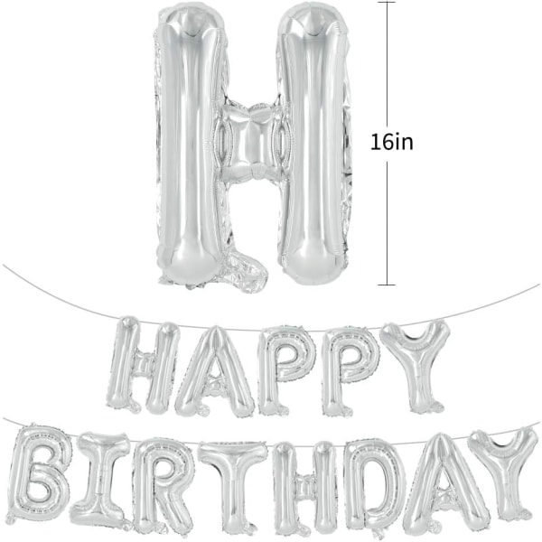 Hopeinen Happy Birthday -ilmapallobanneri, 16 tuuman Mylar-foliokirjaimet kylttinauha uudelleenkäytettävästä ympäristöystävällisestä materiaalista