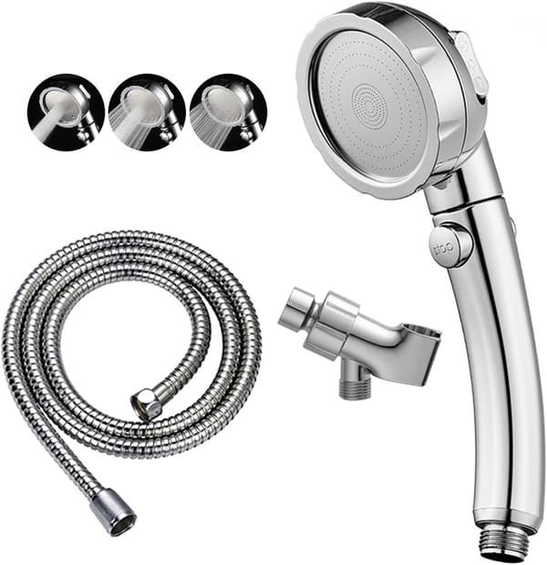 Chrome High-Pressure Handheld Shower Head with ON/OFF Pause Button, 3 Spray Modes Shower Wand with Shut-Off Button, Detachable Camping Shower with