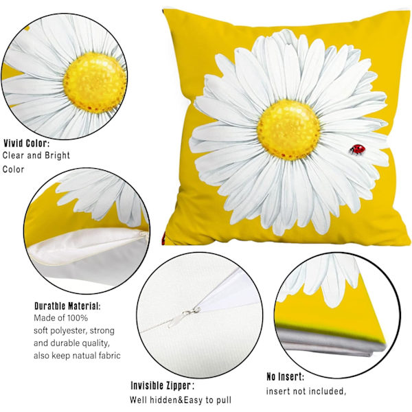Vårfodral för kuddar 18x18 tum Set om 4, Gårdsvår Sommar Dekor Daisy Floral Gul Kuddöverdrag för Soffa Inomhus Utomhus
