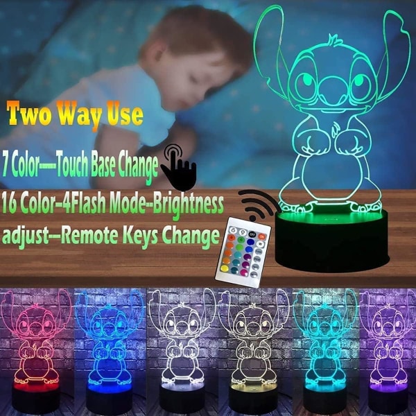 1 stk Stitch nattlys - Lilo og Stitch 3D LED smart fjernkontroll Stitch lampe 16 farger julegave