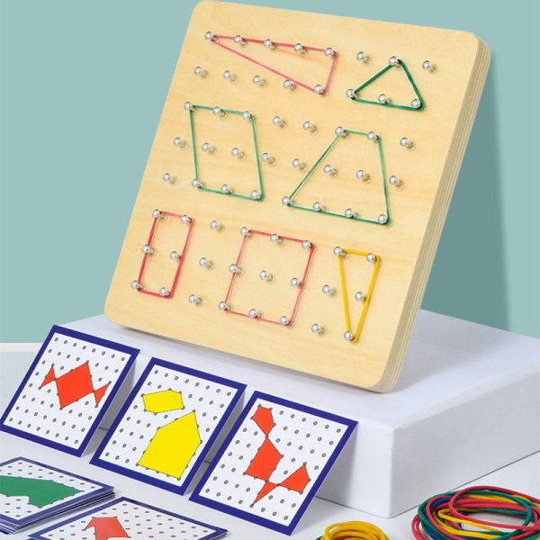 Træ Geoboard Matematisk Manipulativ Array Blok Geo Board - Grafisk Læring Legetøj med 30 stk Mønsterkort