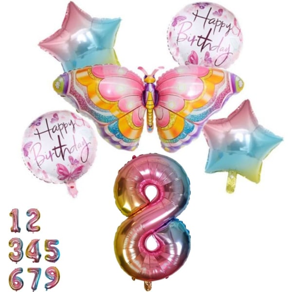 Butterfly Balloon Birthday Decoration 8 Years Set - Butterfly Party, Number 8 Balloon Pink Rainbow, Folieballong Djur Grattis på födelsedagen Dekorationer