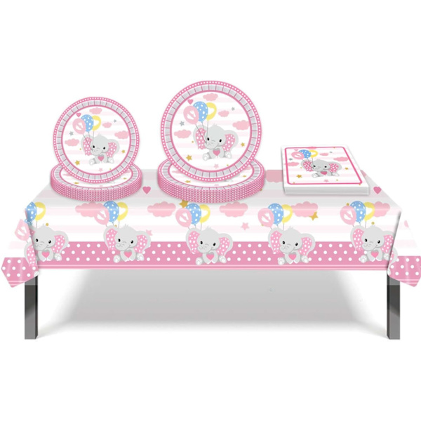 Söta rosa elefanttillbehör Elefanttema Baby Shower Bordsartiklar Set inklusive papperstallrikar, servetter och duk (rosa)