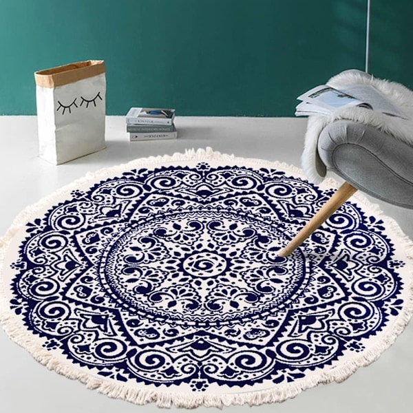 Käsinkudottu pyöreä puuvillamatto Mandala-kuvio Boheemi Vintage-tyyli Pompomeilla Konepestävä Makuuhuone Käytävä Olohuone Pöytä 60cm Kukka