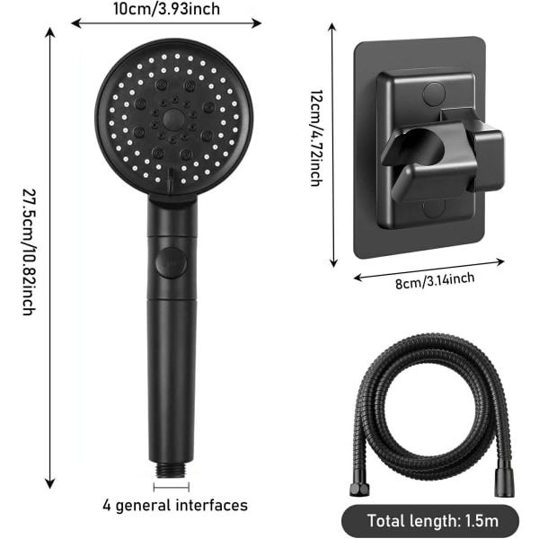 5-modus vannbesparende dusjhode, justerbart dusjhode, One-Touch Stop, Høytrykksbaderom Universal (svart)