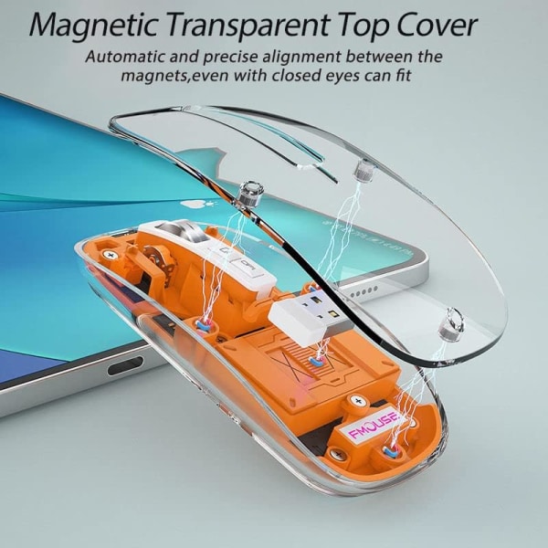 Transparent trådløs mus BT5.1/2.4G Bluetooth mus genopladelig lydløs mus til Mac, iPad, MacBook, bærbar computer, pc (orange)