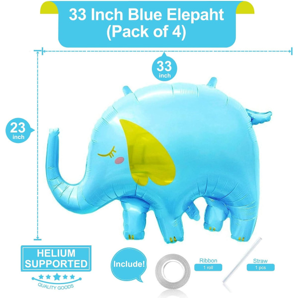 33 tommers blå elefantballonger Folie Helium Dyreballonger Tegneseriedyr Søte elefantballonger for festpynt til babyshower (pakke med 4)