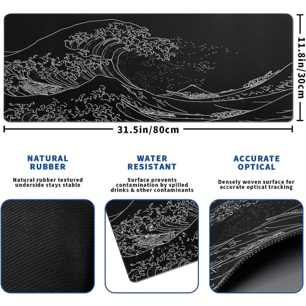 Japansk spelmusmatta Abstrakt svart musmatta 31,5x11,8 tum Svart havsvågstruktur halkfri gummibas Stor musmatta Sydd kant Skrivbordsunderlägg