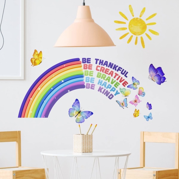 Farverig regnbuesol med sommerfugle vægklistermærker Vær taknemmelig Motiverende citater vægklistermærker til børneværelset Legeværelse for børn