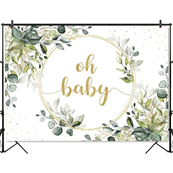 Grønt babyshower bakteppe gull Oh Baby bakgrunn grønn eukalyptus babyshower fest kakebord dekorasjon banner fotoboks rekvisitter (5x3ft)