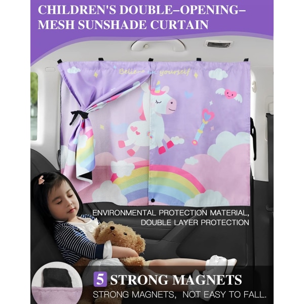 Baby auton set , 2 UV-suojaa, kaksikerroksinen magneettinen aurinkosuojaverho täysin/puoliksi avautuvalla baby auton aurinkovarjolla, vaaleanpunainen yksisarvinen lapsille