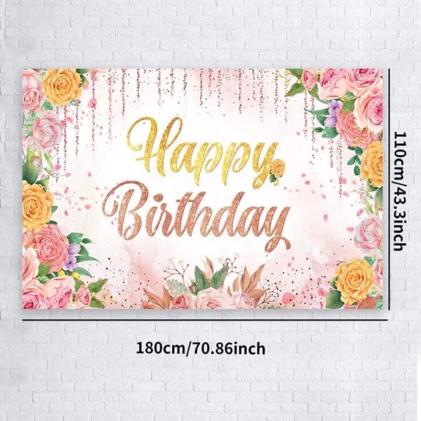180X110cm,vaaleanpunainen Happy Birthday -tausta, kukkakultakimalteleva syntymäpäiväbanneri ruusukukilla syntymäpäiväkoristeita