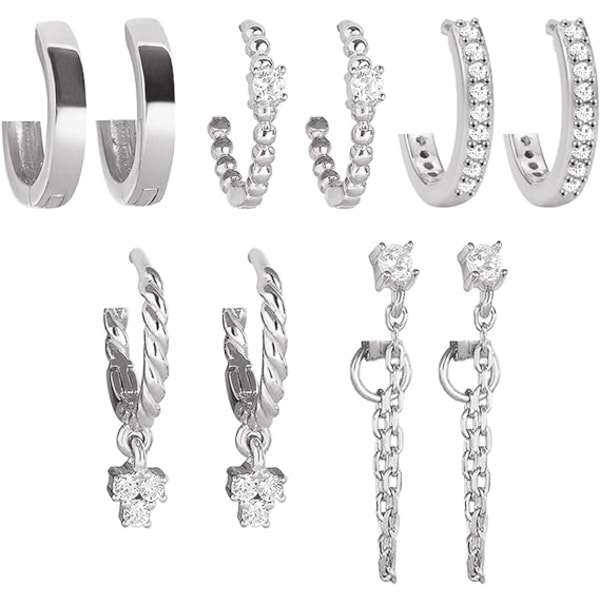 5 par Guld Silver Huggies Hoop Örhängen Set för Kvinnor Flickor Små Dangle Chain Hoop Örhängen Smycken för presenter
