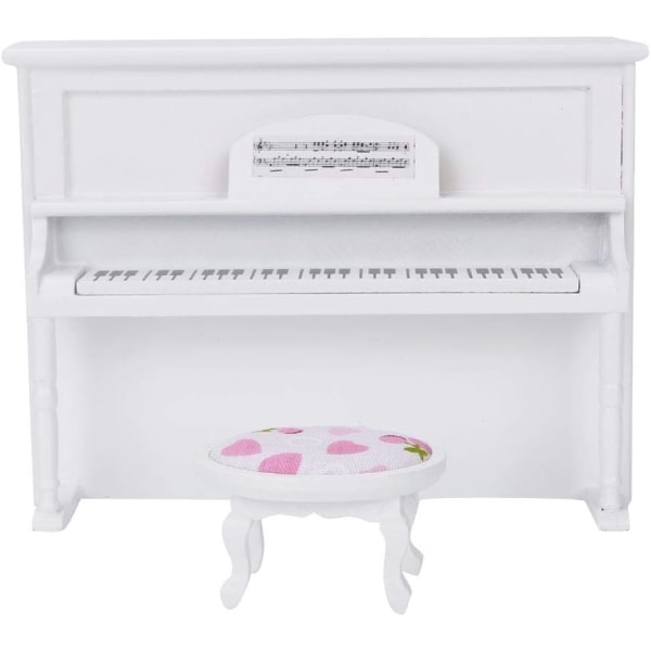 1:12 Mini opprettstående piano, dukkehus Trepiano med krakk Naturtro minihusmodelltilbehør Sportinggoods Dukketilbehør (hvit)