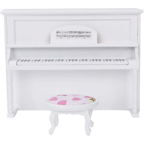 1:12 Mini-pysty piano, nukkekodin puinen piano jakkaralla Elävä mini-talomallin lisävarusteet Urheilutarvikkeet Nuken lisävarusteet (valkoinen)