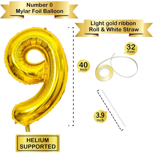 40 tuuman kultaiset heliummylar-folionumeroilmapallot, numero 9 ilmapallo syntymäpäiväkoristeisiin lapsille, vuosipäiväjuhlatarvikkeita