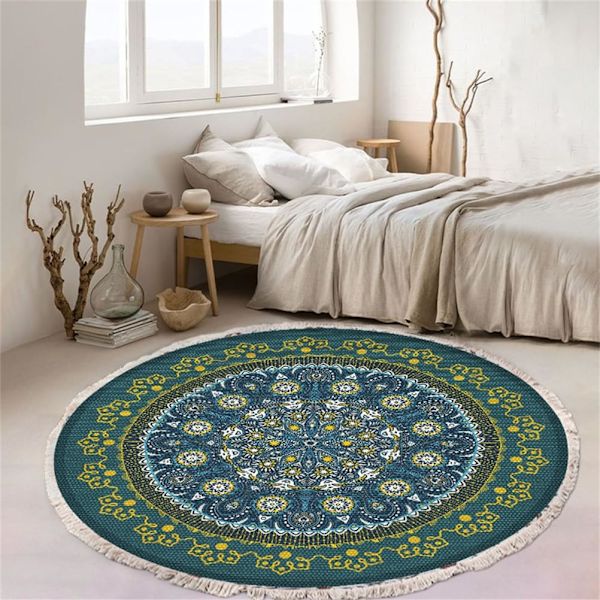 Bomuldsvævet rundt tæppe, boheme mandala tæppe med frynser, skridsikkert stue- og soveværelsestæppe (60 cm, grøn 3)