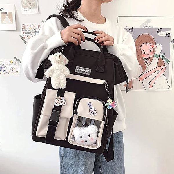 Kawaii-reppu söpöillä pinni- ja pehmolelukoristeilla - Kawaii-koulu- ja vapaa-ajanreppu - Musta