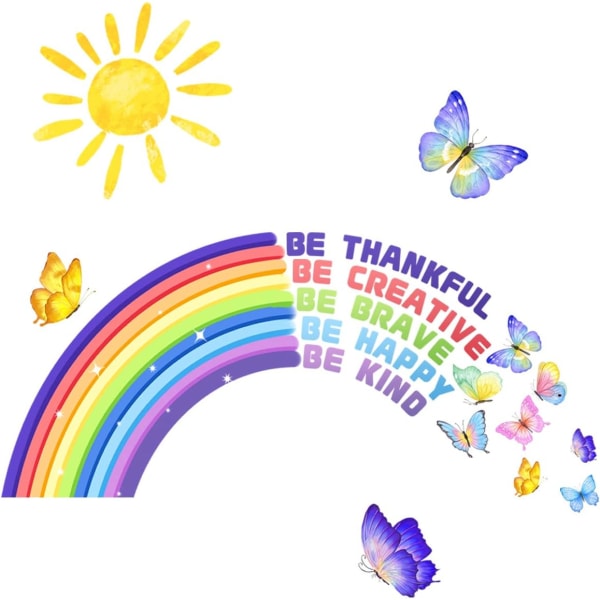 Färgglad regnbågssol med fjärilsväggdekaler Var tacksam Motiverande citat Väggdekaler för barnkammare Lekrum för barn