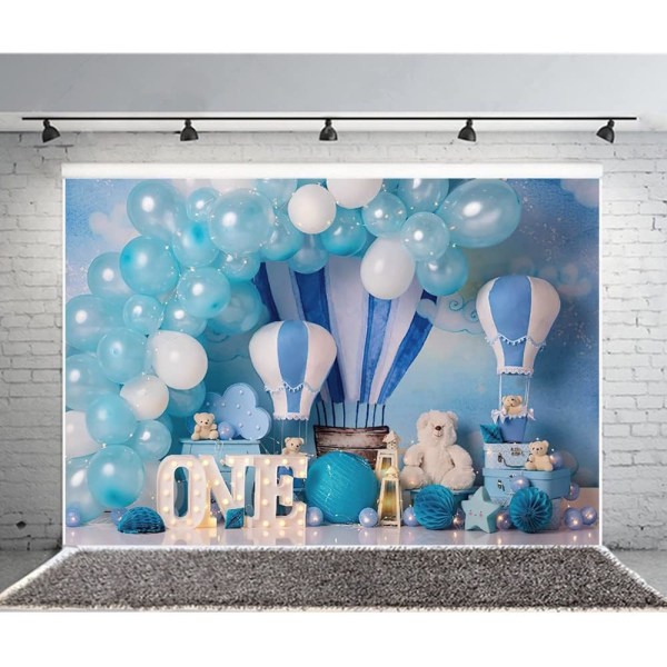 Newborn Boy Bear Portrait Backdrop Photo Studio Blue Balloons Hot Air Balloon Background One Birthday Photography (7x5FT/2.1x1.5m)