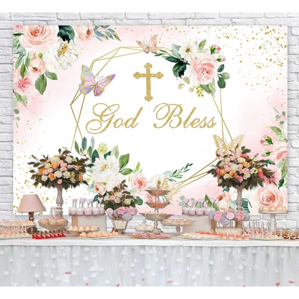 Gud välsigne bakgrund för flicka dopfest Första nattvarden Konfirmationsdekorationer Rosa och guld Blommor Dop Bakgrund Banner 7x5ft