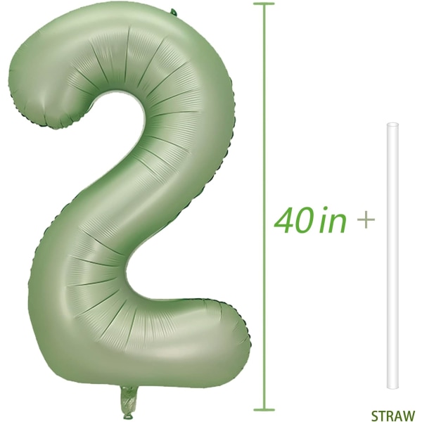 Numero 2 ilmapallo, suuri numero ilmapalloja 40 tuumaa, 2. syntymäpäivän juhlakoristeet, kaksi syntymäpäiväkylttisisustus, Sage Green