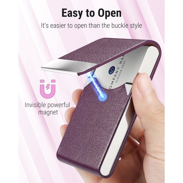 Visitkortholder, PU-læder visitkort-lomme, Metal Slim Navn RFID-blokerende visitkortholder med magnetisk lukning, lilla læder