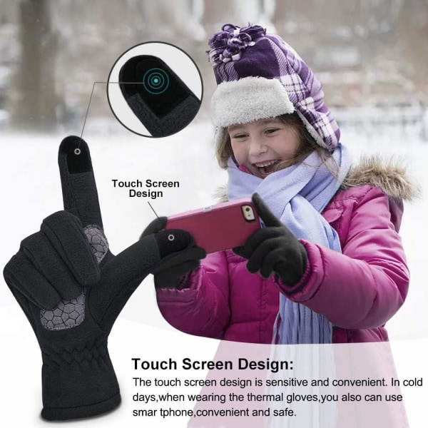Børns termiske handsker vinter polar fleece touchscreen handsker til drenge piger skridsikre varme børnehansker udendørs isolerede, sort, L