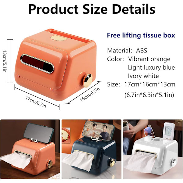 Retro Tissue Cover Box med opbevaringsbakke, Tissue Holder, Facial Paper Organizer, til køkken, badeværelsesforfængelighedsbordplader, soveværelseskommoder（Orange）
