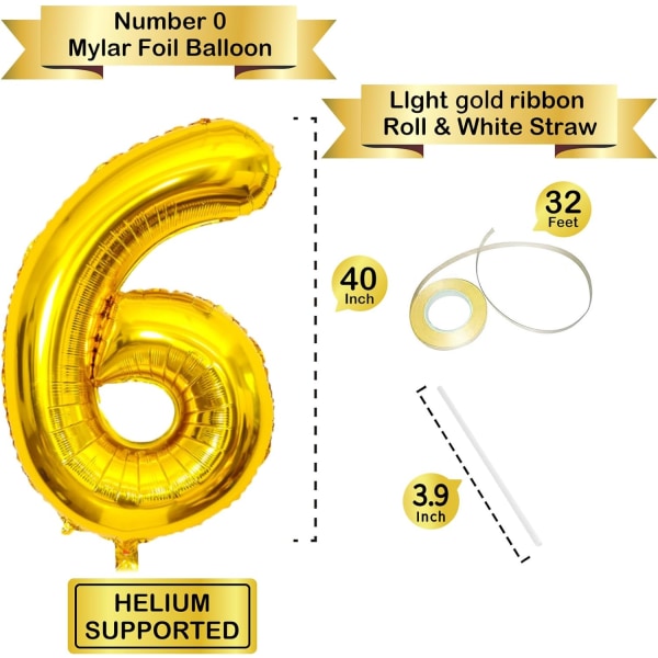 40 tommer guld helium mylar folie nummer balloner, nummer 6 ballon til fødselsdagsdekorationer til børn, jubilæumsfest dekorationer