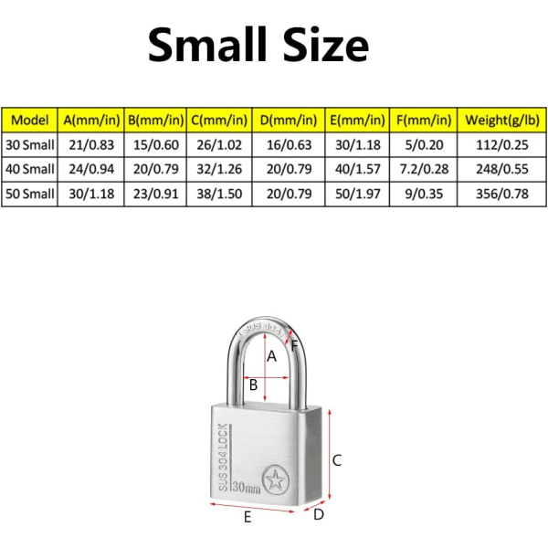 Keyed Stainless Steel Padlock with 40mm Short Shackle Waterproof for Outdoor Shed Gym Locker Toolbox Fence Indoor Storage Unit - 4 Keys